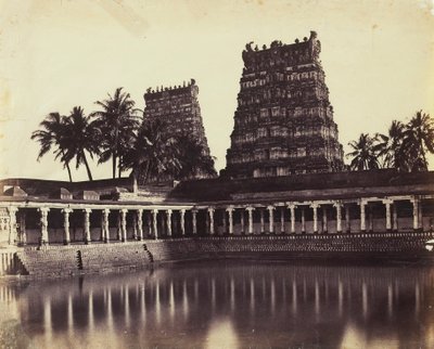 Madura. The Great Pagoda, Mootoo Alaghur and East Gopurum from Tank by Linnaeus Tripe